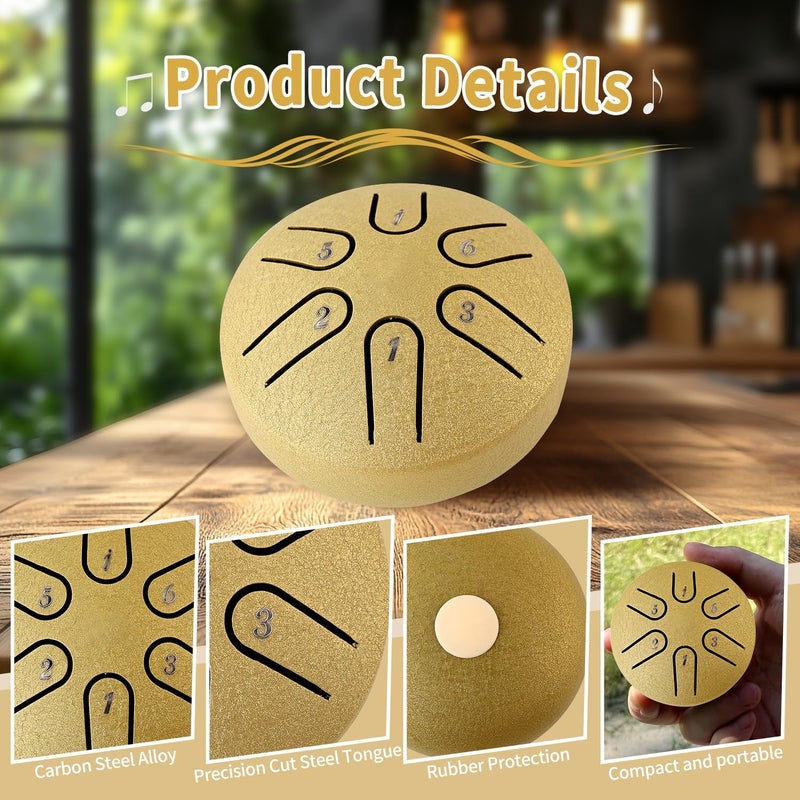 Yahpetes Steel Tongue Drum Musical Percussion Instrument Metal Rain Drum for Outside 3 Inch 6 Notes C-Key for Meditation Yoga Education Percussion with Bag, Music Book, Mallets (3"6 tone, Gold) - Image 3